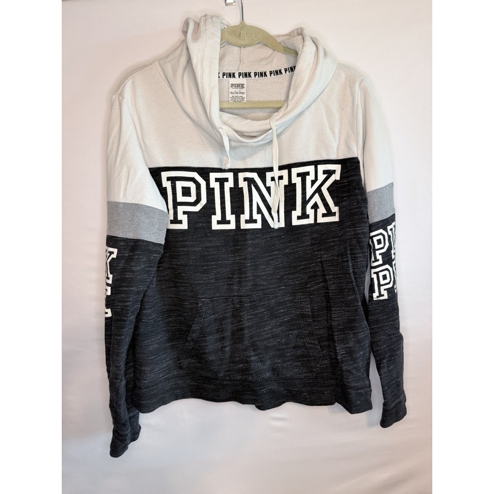 Y2k VS PINK Logo Black And White Pull Over Hoodie Woman's Size Large
